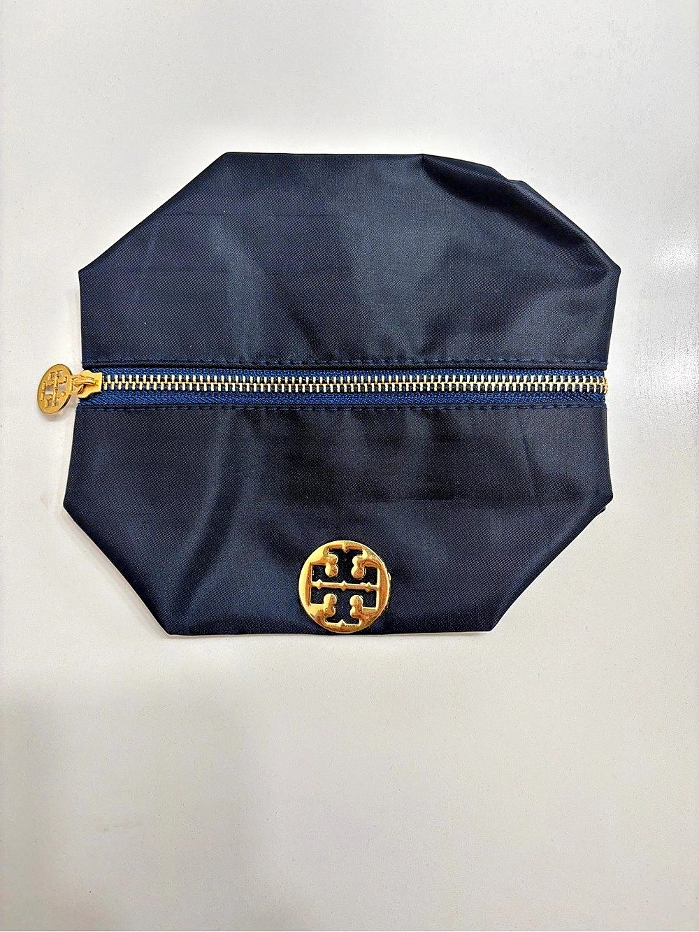 Tory Burch Navy Nylon Cosmetic Makeup Bag Gold Double T Logos